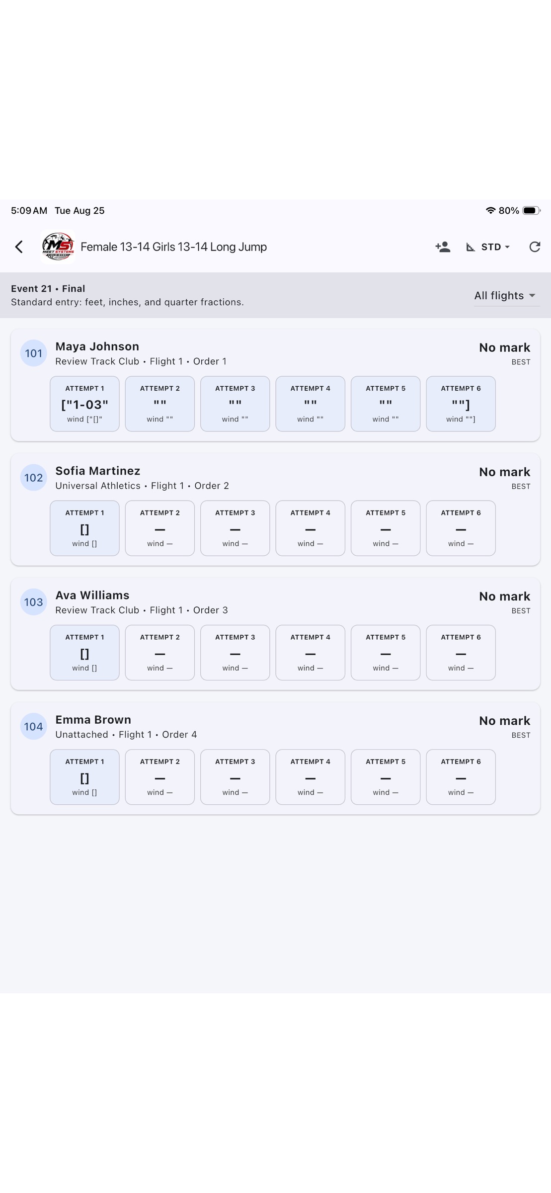 Review the athlete series: See competitors and their attempt cards, with flight filtering and best-mark information.