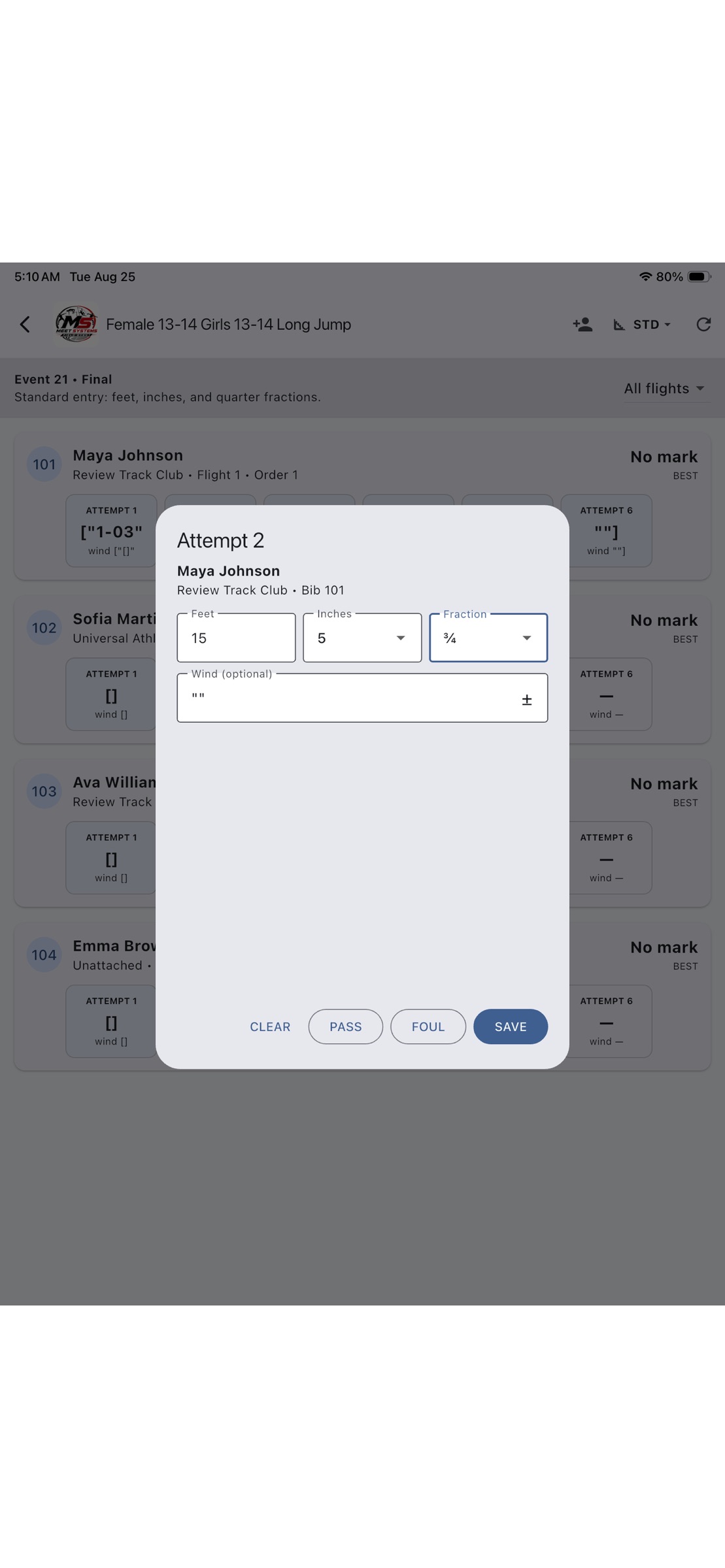 Enter an attempt: Record the mark and wind reading, or select a pass or foul before saving.