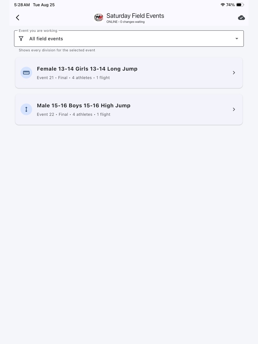 Choose an assigned event: Open the imported section and select the field event you are working.