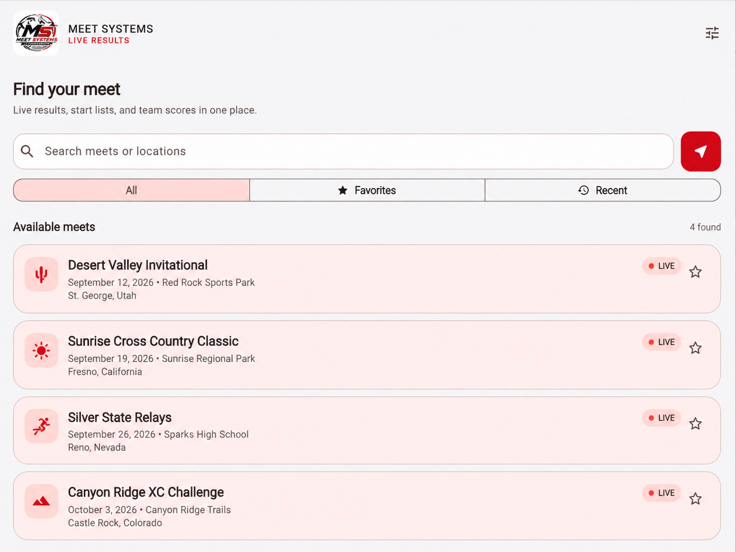 Find your meet: Search meets and locations, use nearby search, or return to favorites and recent meets.